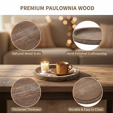 Rustic Farmhouse Wooden Tray, Round Vintage Serving Plate for Coffee Table Centerpiece