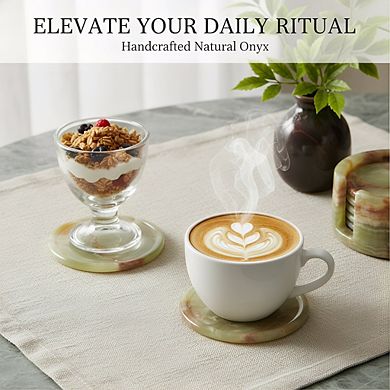 6pc Green Onyx Marble Coasters Holder, Handmade 3.5" Round for Dining Table