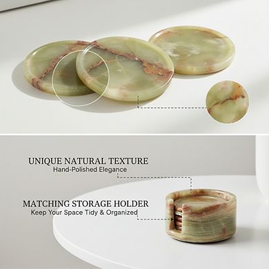 6pc Green Onyx Marble Coasters Holder, Handmade 3.5" Round for Dining Table