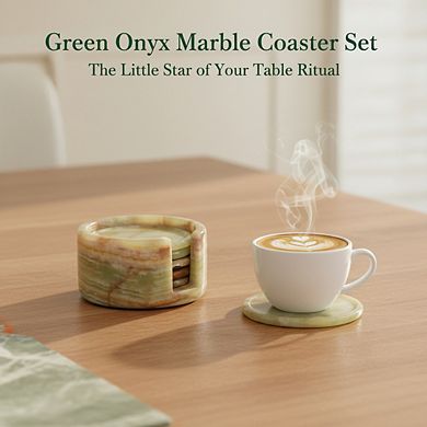 6pc Green Onyx Marble Coasters Holder, Handmade 3.5" Round for Dining Table