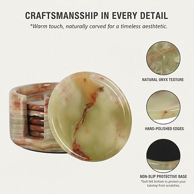 6pc Green Onyx Marble Coasters Holder, Handmade 3.5" Round for Dining Table