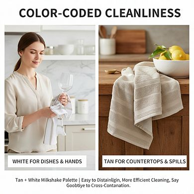 4-Pack Kitchen Towels 16x26, Milkshake Tan/White Set for Drying Cleaning