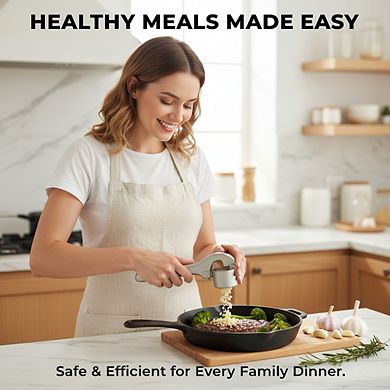 Large Premium Garlic Press Set with Peeler Brush, Rust-Proof Easy-Squeeze Silver