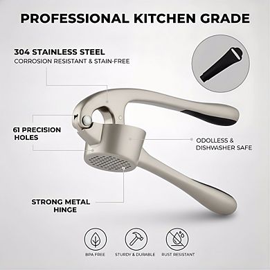 Large Premium Garlic Press Set with Peeler Brush, Rust-Proof Easy-Squeeze Silver