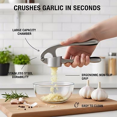 Large Premium Garlic Press Set with Peeler Brush, Rust-Proof Easy-Squeeze Silver