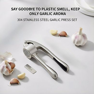 Large Premium Garlic Press Set with Peeler Brush, Rust-Proof Easy-Squeeze Silver