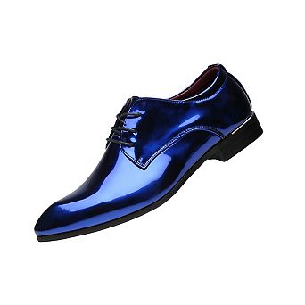 Men's Oxford Dress Shoes Pointed Toe Shiny Patent Leather Lace Up Casual Prom Party Shoes Blue