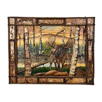 Rustic Moose Birch Forest Wood Wall Sculpture 28.75x36.5 Brown Glossy