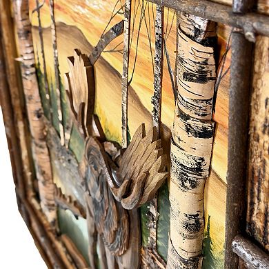 Rustic Moose Birch Forest Wood Wall Sculpture 28.75x36.5 Brown Glossy