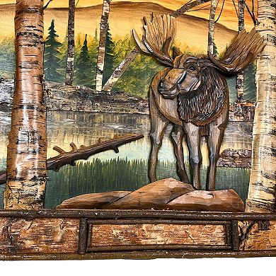 Rustic Moose Birch Forest Wood Wall Sculpture 28.75x36.5 Brown Glossy