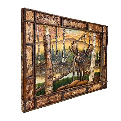 Rustic Moose Birch Forest Wood Wall Sculpture 28.75x36.5 Brown Glossy