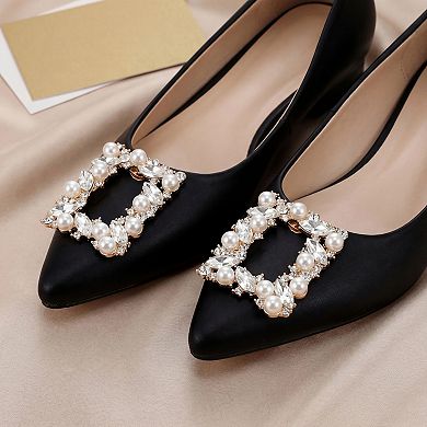 2 PCS Women's Square Rhinestones Shoe Clips Pearls Removable Buckles Shoe Decorations for Gifts