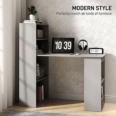 Space-Saving Home Office Desk with 6 Shelves, Cubby Storage, and Grey Wood Grain