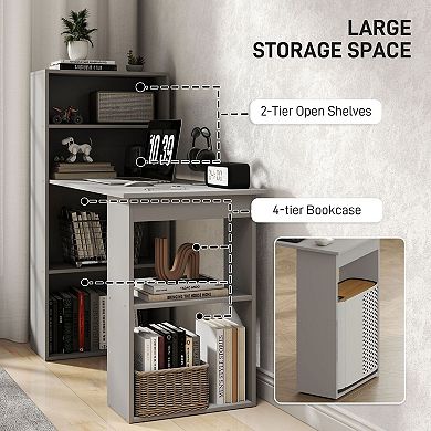 Space-Saving Home Office Desk with 6 Shelves, Cubby Storage, and Grey Wood Grain