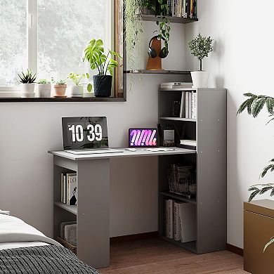 Space-Saving Home Office Desk with 6 Shelves, Cubby Storage, and Grey Wood Grain