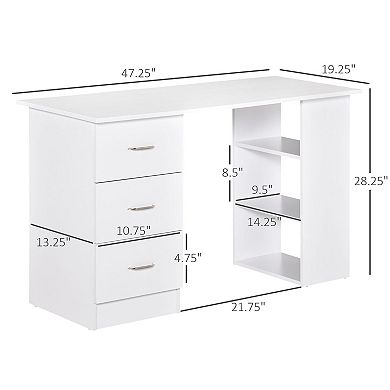 Desk with 3 Drawers and Shelves, 47-Inch Modern Home Office or Dorm Desk - White