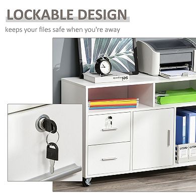 Rolling Storage Cabinet with Drawers and Lockable File Compartment - White