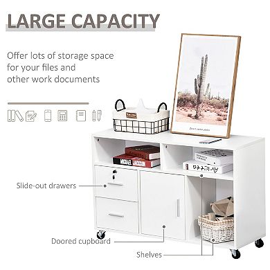 Rolling Storage Cabinet with Drawers and Lockable File Compartment - White