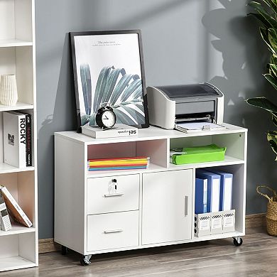 Rolling Storage Cabinet with Drawers and Lockable File Compartment - White