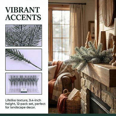 12 Pcs Artificial Fir Pine Branches 9.4" Realistic PE Pine Needle Picks Waterproof Greenery Stems