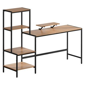 L-Shaped Home Office Desk with Adjustable Shelf, Monitor Stand, and Storage Space - Brown, Black