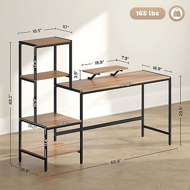 L-Shaped Home Office Desk with Adjustable Shelf, Monitor Stand, and Storage Space - Brown, Black