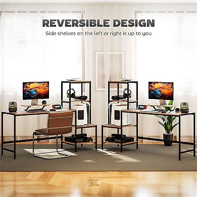 L-Shaped Home Office Desk with Adjustable Shelf, Monitor Stand, and Storage Space - Brown, Black