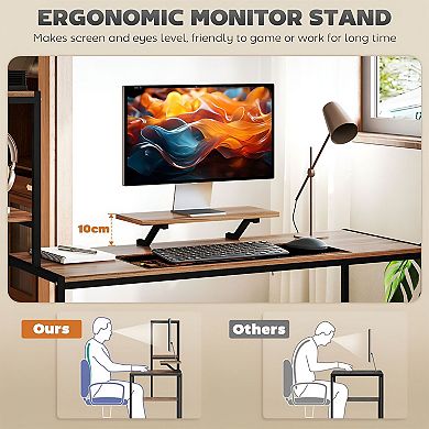 L-Shaped Home Office Desk with Adjustable Shelf, Monitor Stand, and Storage Space - Brown, Black