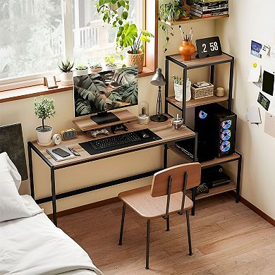 L-Shaped Home Office Desk with Adjustable Shelf, Monitor Stand, and Storage Space - Brown, Black