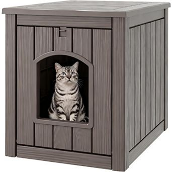 EFU Weatherproof Cat House & Litter Box Enclosure, Resin Outdoor/Indoor with Flip-Down Front