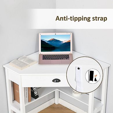 Corner Desk with Drawer and Shelves, Compact L-Shaped Desk for Small Spaces - White