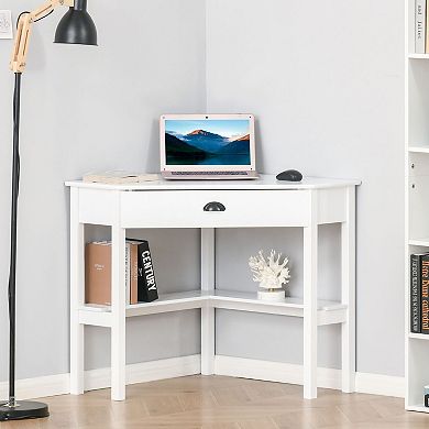 Corner Desk with Drawer and Shelves, Compact L-Shaped Desk for Small Spaces - White