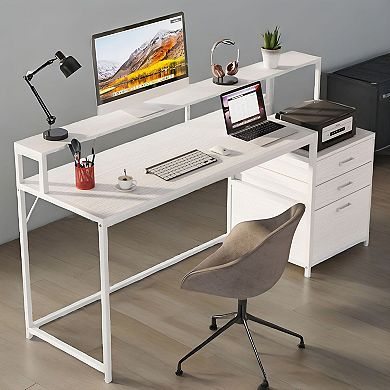 Ergonomic Computer Desk with Monitor Stand, File Cabinet, and Two-Tier Workspace
