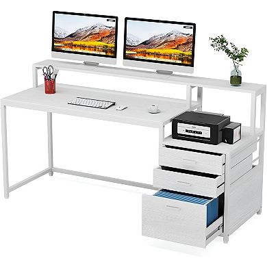 Ergonomic Computer Desk with Monitor Stand, File Cabinet, and Two-Tier Workspace