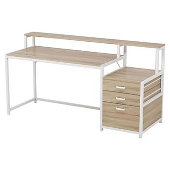 Ergonomic Computer Desk with Monitor Stand, File Cabinet, and Two-Tier Workspace