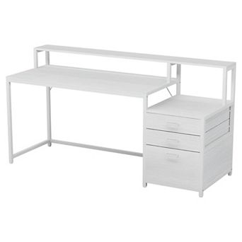 Ergonomic Computer Desk with Monitor Stand, File Cabinet, and Two-Tier Workspace