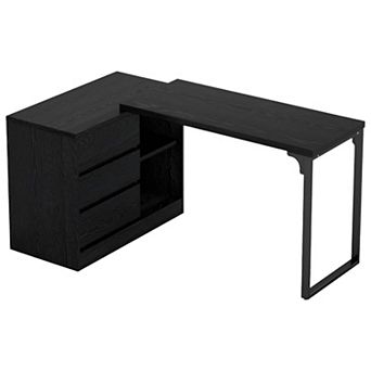Reversible L-Shaped Desk with 3-Drawer Storage Cabinet and Shelves for Home Office - Black