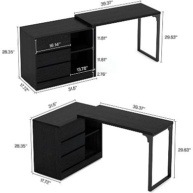 Reversible L-Shaped Desk with 3-Drawer Storage Cabinet and Shelves for Home Office - Black