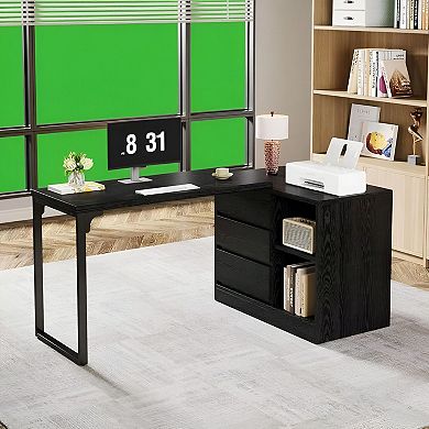 Reversible L-Shaped Desk with 3-Drawer Storage Cabinet and Shelves for Home Office - Black