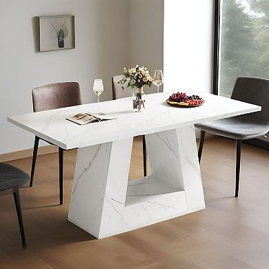 Faux Marble Dining Table for 6, Modern Rectangular Kitchen Table