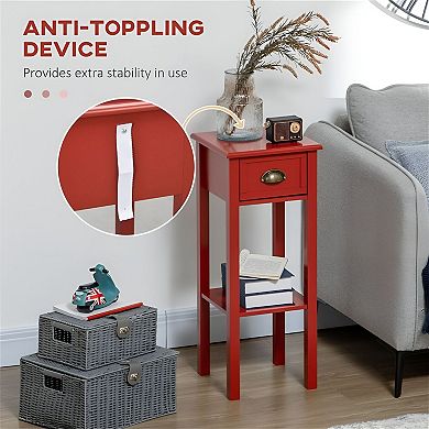 Narrow Nightstand with Drawer and Shelf, Slim Bedside Table for Small Spaces - Red