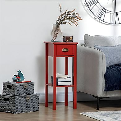 Narrow Nightstand with Drawer and Shelf, Slim Bedside Table for Small Spaces - Red
