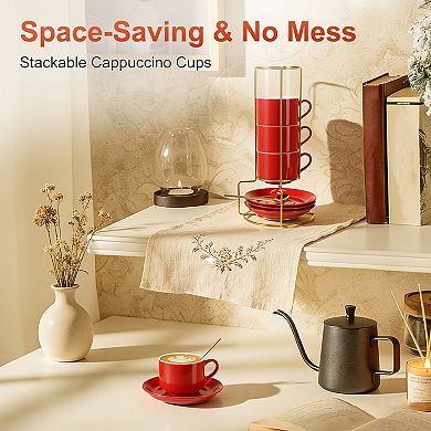 8 Ounce Espresso Cups Set of 4, Stackable Demitasse Mugs, Includes Display Stand