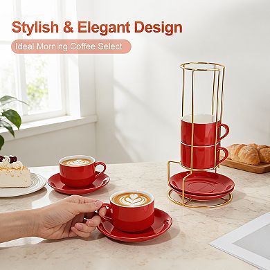 8 Ounce Espresso Cups Set of 4, Stackable Demitasse Mugs, Includes Display Stand