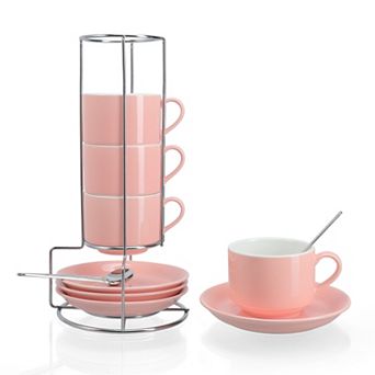 8 Ounce Espresso Cups Set of 4, Stackable Demitasse Mugs, Includes Display Stand