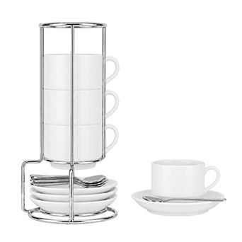 8 Ounce Espresso Cups Set of 4, Stackable Demitasse Mugs, Includes Display Stand