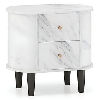 White Faux Marble Nightstand with 2 Drawers for Bedroom or Living Room