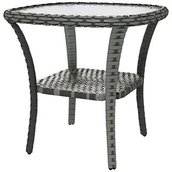 Rattan Patio Side Table with Glass Top, Outdoor Wicker End Table with Shelf - Mixed Grey