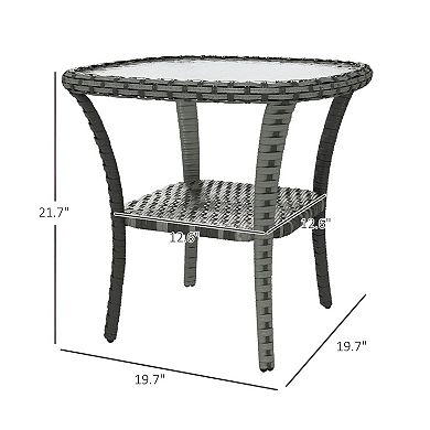 Rattan Patio Side Table with Glass Top, Outdoor Wicker End Table with Shelf - Mixed Grey
