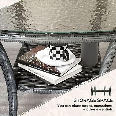 Rattan Patio Side Table with Glass Top, Outdoor Wicker End Table with Shelf - Mixed Grey